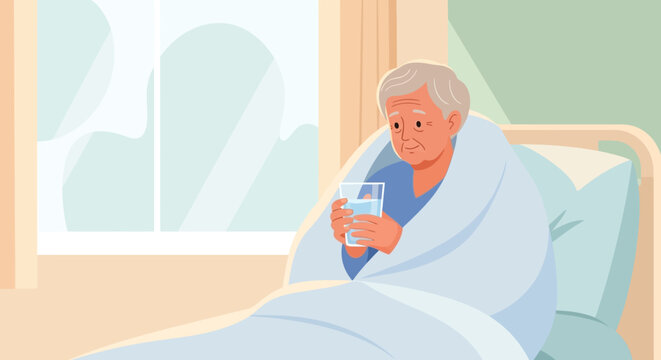 Elderly Person Wrapped In Blanket Holding Glass Of Water In Bed