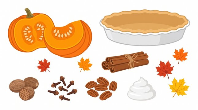 Festive thanksgiving arrangement with pumpkin pie spices and autumn leaves on a white background