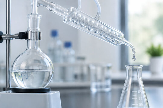 A glass distillation apparatus with a falling liquid drop.
