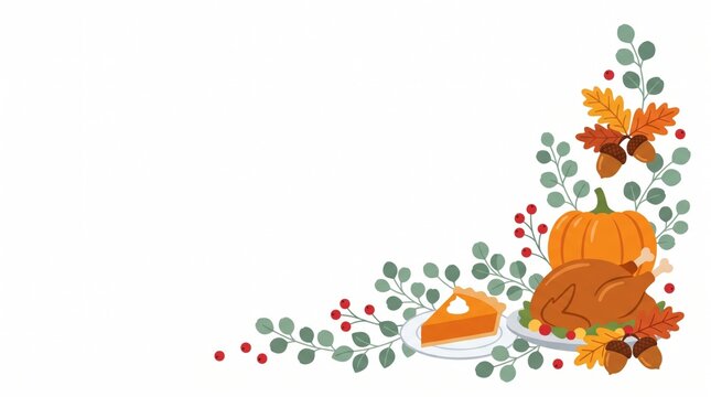 Festive thanksgiving arrangement with roasted turkey pumpkin and pie on a white background