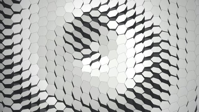 Abstract white hexagon wave background, 3D geometric honeycomb pattern animation, minimalist motion graphics for corporate video