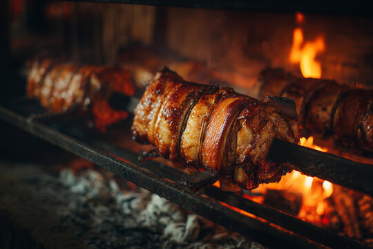 Roasted meat on spit grilling over open fire barbecue