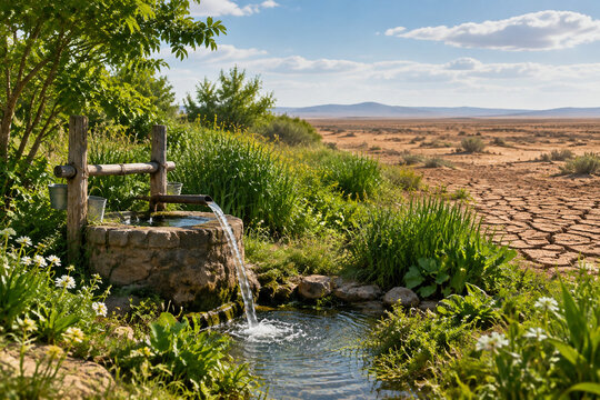 A green oasis with a rustic well head, dry cracked earth in the distance.