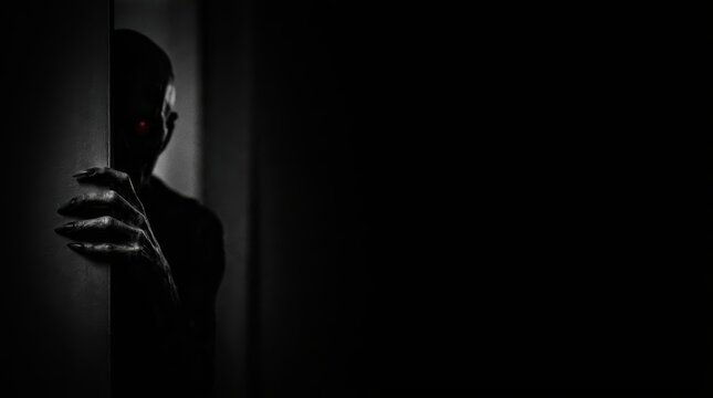 Dark Horror Noir Background with Distorted Creature Silhouette, Long Claws and Glowing Red Eye in Shadows, Minimalist Monochrome Banner with Large Copyspace for Advertising