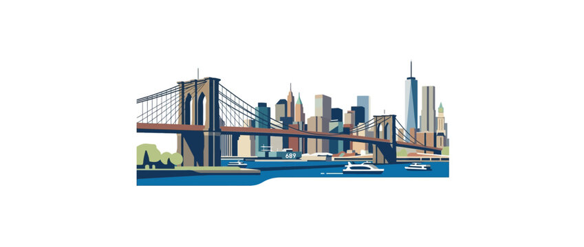 New York City Skyline Brooklyn Bridge Waterfront Illustration