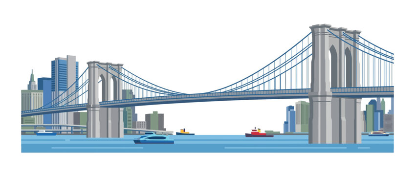 Iconic Brooklyn Bridge Skyline, New York City Landmark, Waterway Scene
