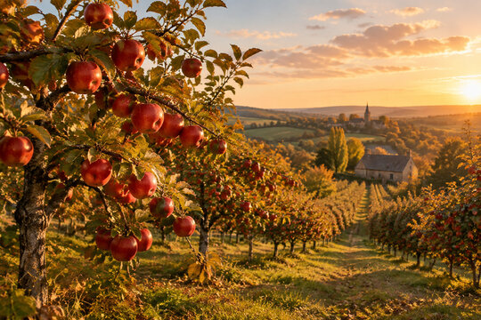 An apple orchard in autumn with branches heavy with red fruit.