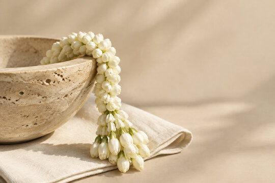 Sampaguita garland draped over travertine bowl with linen napkin, still life concept