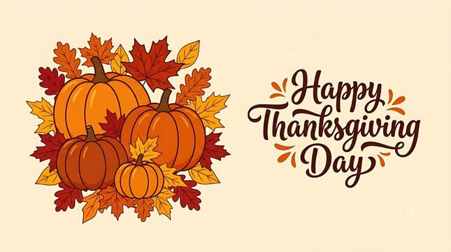 Thanksgiving Day Greeting Card with Pumpkins Bouquet and Autumn Leaves