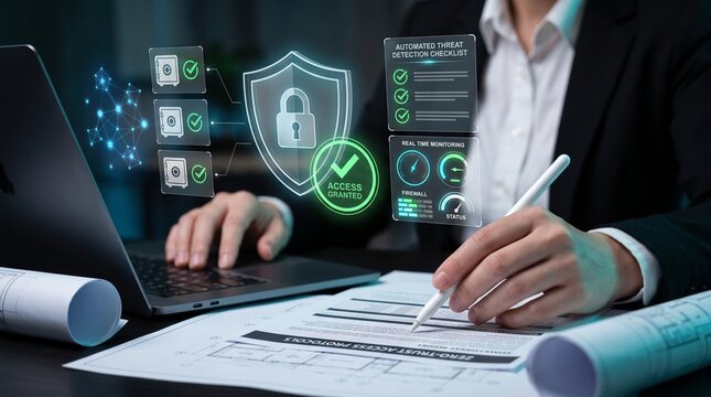 cybersecurity compliance and automated threat defense systems. real-time network monitoring and secure access verification. expert reviewing digital security infrastructure and access logs.


