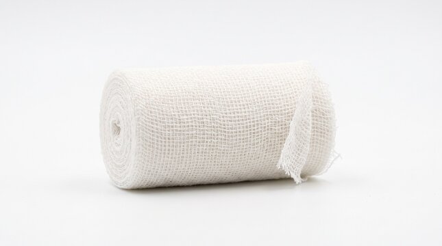 Tightly rolled white sterile cotton gauze bandage for dressing wounds isolated on white background