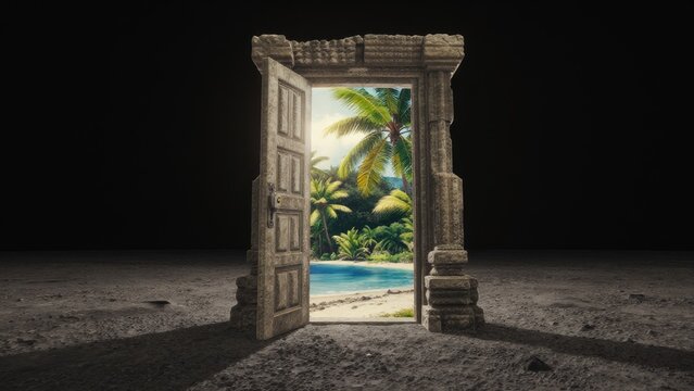 Magic Doorway to Paradise with Lush Tropical Landscape and Water