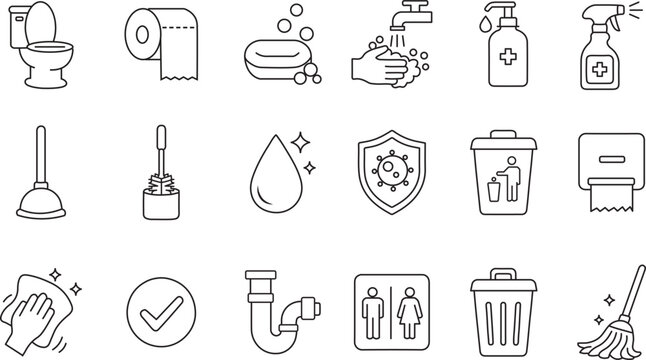World Toilet Day Sanitation Hygiene Bathroom Cleaning and Public Health Line Art Icon Set. Editable Stroke
