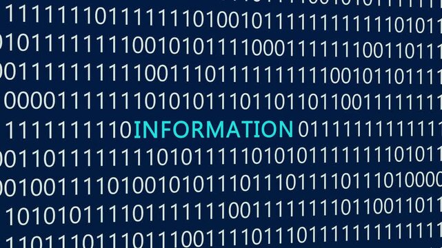 Information text or word with digital binary animation made in After Effects for digital world technology concept, representing data processing, digital knowledge transfer, electronic communication
