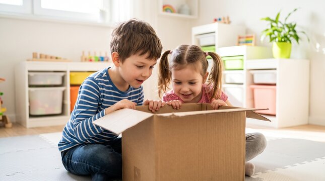 Excited children opening cardboard box in playroom, happy siblings looking inside delivery package, curious kids playing with box