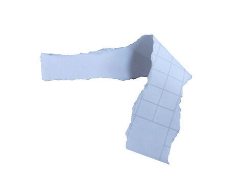 L shaped bent white torn paper ribbon strip with grid backing realistic ripped sticker isolated on transparent background.