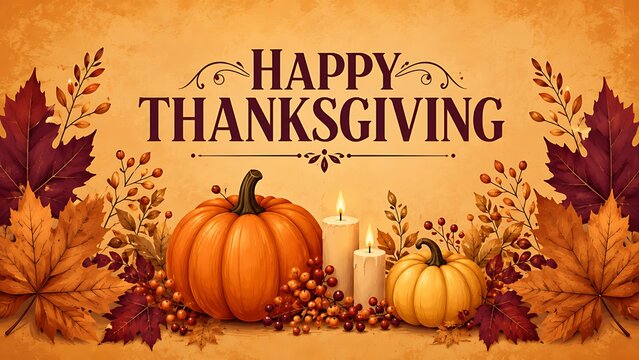 Vintage Happy Thanksgiving Day Background with Lit Candles Pumpkins and Autumn Leaves