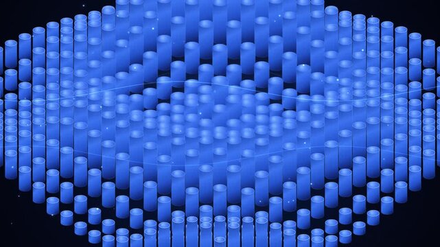 Abstract blue 3D cylinder wave animation, glowing digital data visualization, futuristic motion background for tech presentations