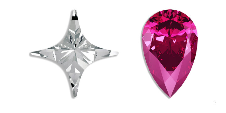 Sparkling diamond star and pink ruby pear gemstone, faceted crystal jewels on white background, luxury jewelry design elements