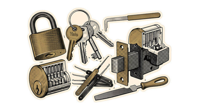 Vintage illustration set featuring professional lock picking tools and various metal padlocks with heavy keys