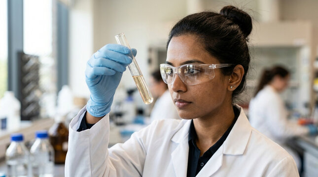 Female scientist with test tube in laboratory, focused on experiment.