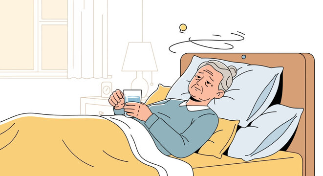 Elderly Person Feeling Unwell Lying In Bed Holding A Glass Of Water