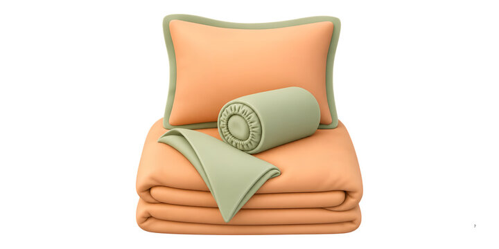 Modern bedding set with orange duvet and green bolster pillow, folded cotton linens and soft pillowcase, minimalist bedroom textile collection