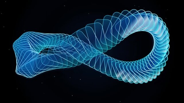 Futuristic blue infinity loop animation, glowing digital mobius strip on black background, abstract science and technology motion graphic