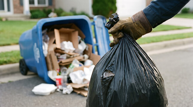 Worker wearing thick leather gloves carries heavy black plastic garbage bag near overturned blue recycling bin