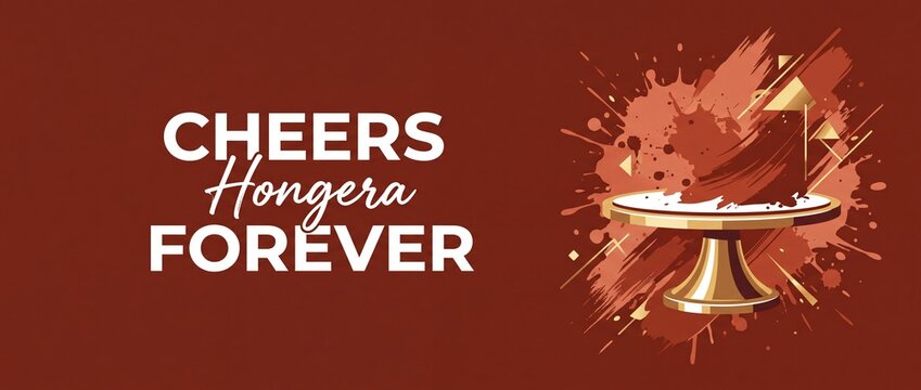 Hongera Cheers Celebration Banner with an artistic gold cake stand, paint splatters, and abstract geometric design on a deep maroon background for congratulations and party invites.