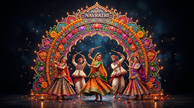 Happy navratri festive archway with traditional garba dancers