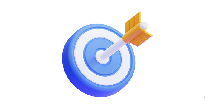 3D target with arrow bullseye, blue and white archery board icon, business goal achievement concept on white background