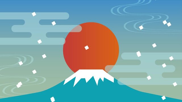 Mount Fuji Sunrise with Falling Confetti Loop Animation, Japanese New Year Celebration Background