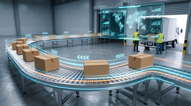 Smart warehouse logistics automation with digital twin interface displaying global shipping data and holographic tracking metrics over automated conveyor belt system in modern facility