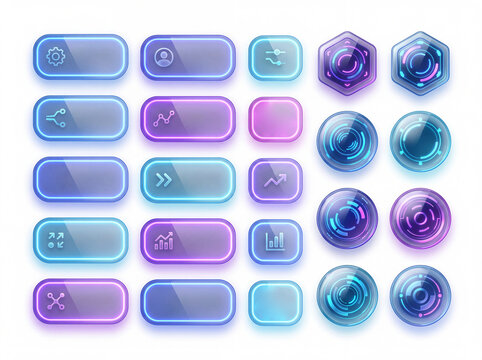 Glassmorphism UI labels set with frosted glass buttons, transparent futuristic screens, neon glow interface plates and tech dashboard badges isolated on white background