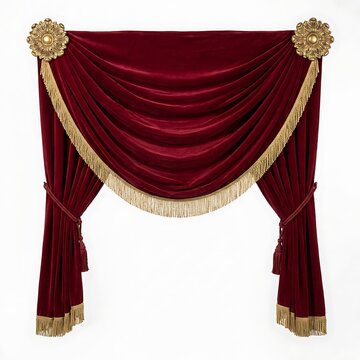 Red velvet curtain with gold fringe isolated on white background