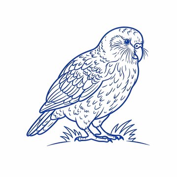 Blue line art illustration of a cute owl or parrot on grass