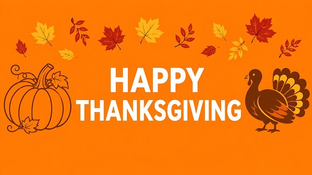Orange Happy Thanksgiving Banner with Turkey Silhouette and Pumpkin Line Art