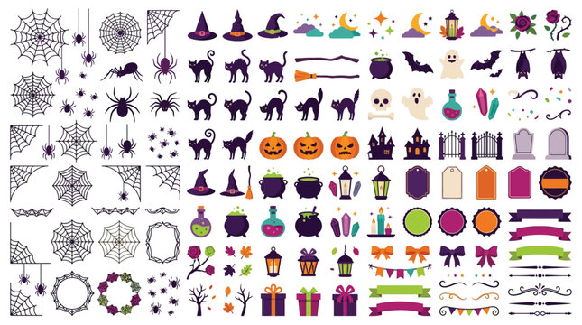 Halloween Vector Icon Set. Spooky Symbols Magic Witches Pumpkins Bats Cobwebs. Monsters Potions Party Borders. 77 Halloween Graphic Elements Design Collection for Craft, Print, Scrapbooking