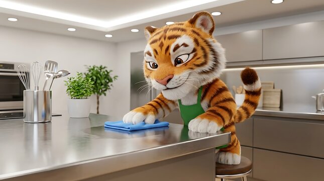 Cute cartoon tiger cleaning a modern kitchen counter