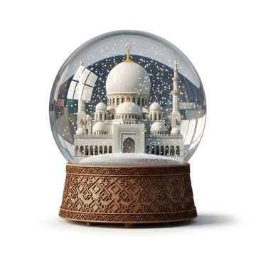 Beautiful snow globe featuring a white mosque building inside with falling snow on white background