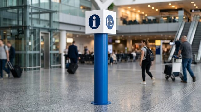 A blue information pillar with a wheelchair accessibility symbol stands in a busy airport terminal with travelers passing by.