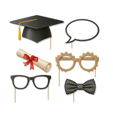 Graduation party photo booth props set including cap diploma glasses and bow tie on a white background