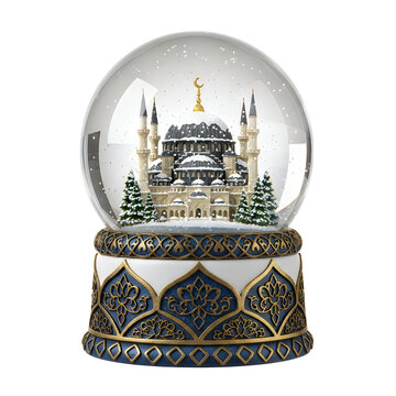Decorative snow globe featuring a beautiful mosque building with minarets inside a glass sphere