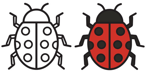 Fototapeta premium Ladybug Insect Line Icons, Flat Design Bug Symbols with White and Red Body Options, Top View