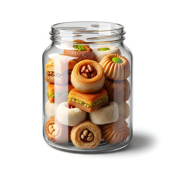 Glass jar filled with assorted delicious traditional middle eastern baklava sweets and nut pastries