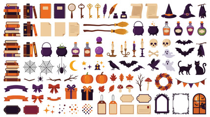 Halloween Magic Set, 40 Witch, Spells, Potion, Books, Pumpkin, Cat, Broom Vector Elements, Retro Autumn Texture Collection