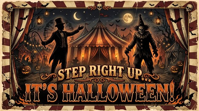 Vintage style halloween circus poster featuring a spooky carnival tent ringmaster and clown under a dark night sky