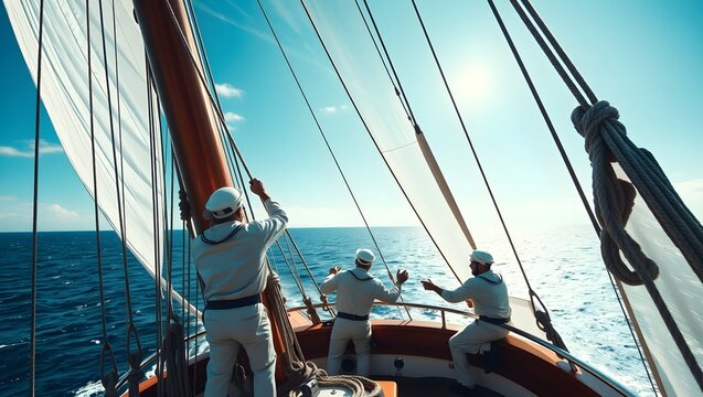 Group of sailors on sailboat deck celebrating successful voyage completion under bright blue sky on open sea water