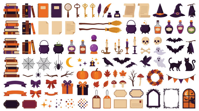 Halloween Magic Set, 40 Witch, Spells, Potion, Books, Pumpkin, Cat, Broom Vector Elements, Retro Autumn Texture Collection